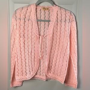 Knit Cardigan lace open front with tie Made in Scotland size Large all wool